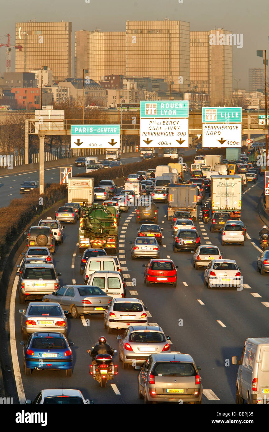 DENSE TRAFFIC, MORNING TRAFFIC JAM IN THE DIRECTION OF PARIS, A4 ...