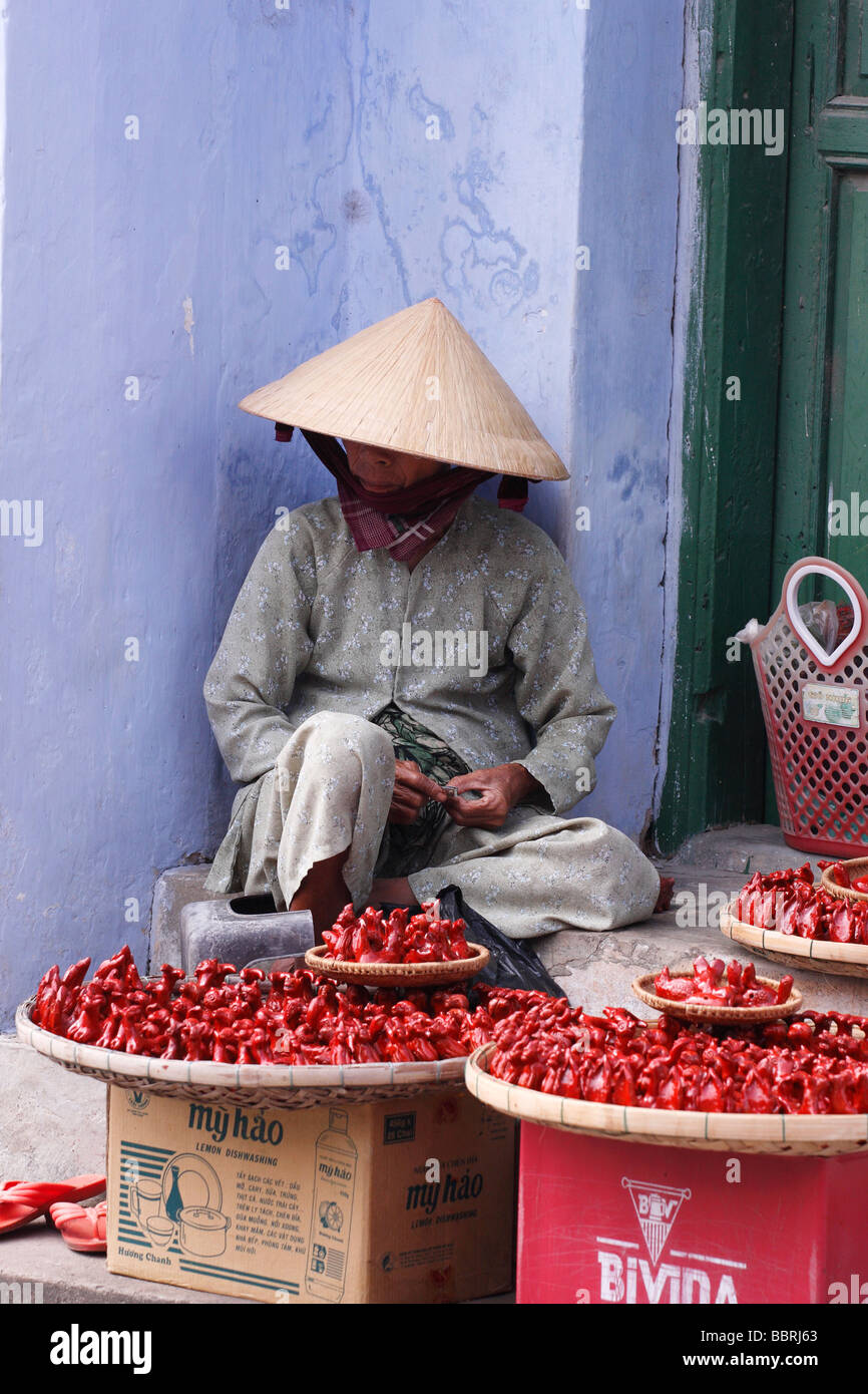 Vietnamese woman wearing [conical hat] resting in shade against blue wall, "Hoi An" street market, Vietnam Stock Photo