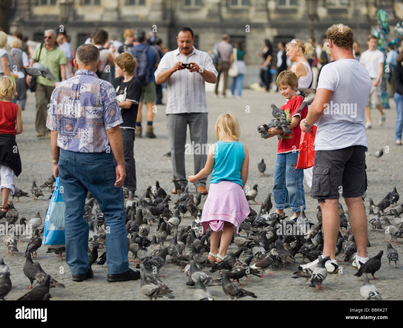 people feeding pigeons.  Dam Square, Amsterdam, The Netherlands Stock Photo