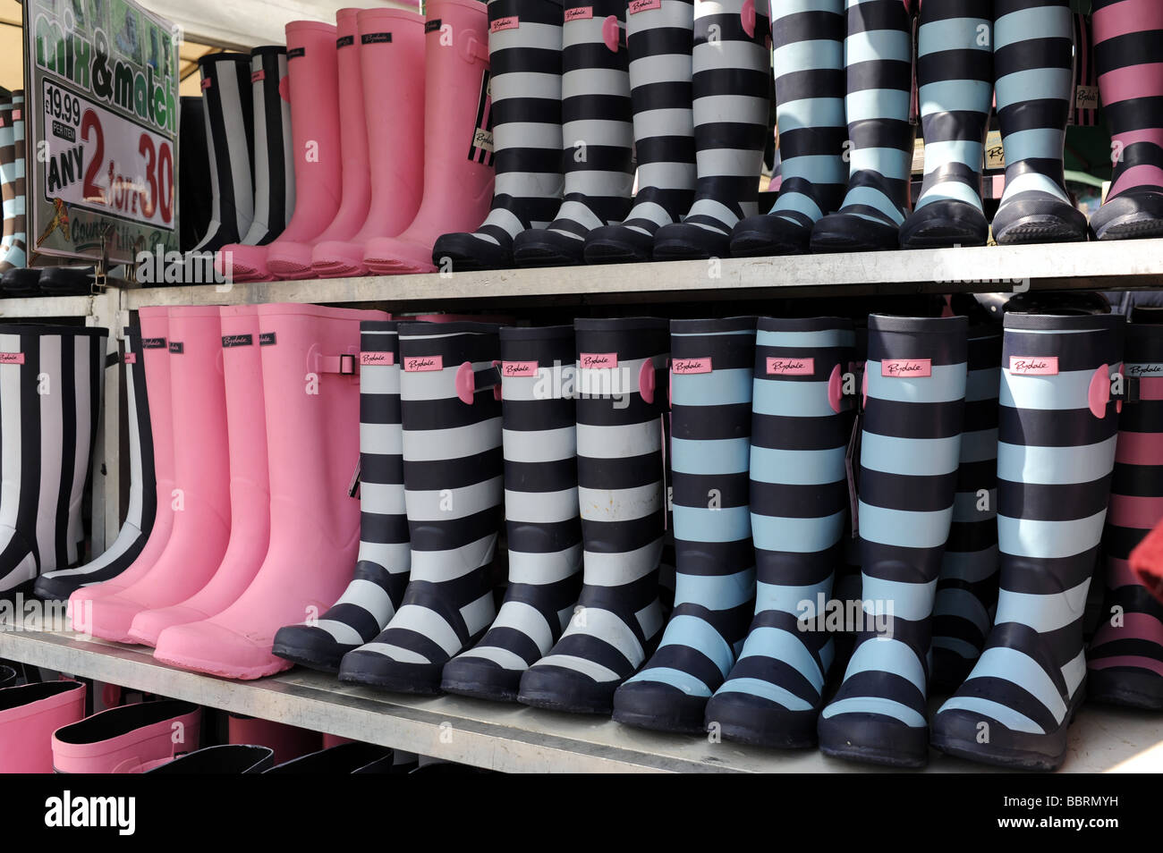 Multicoloured wellington boots on display at South of England Show Ardingly Sussex UK Stock Photo
