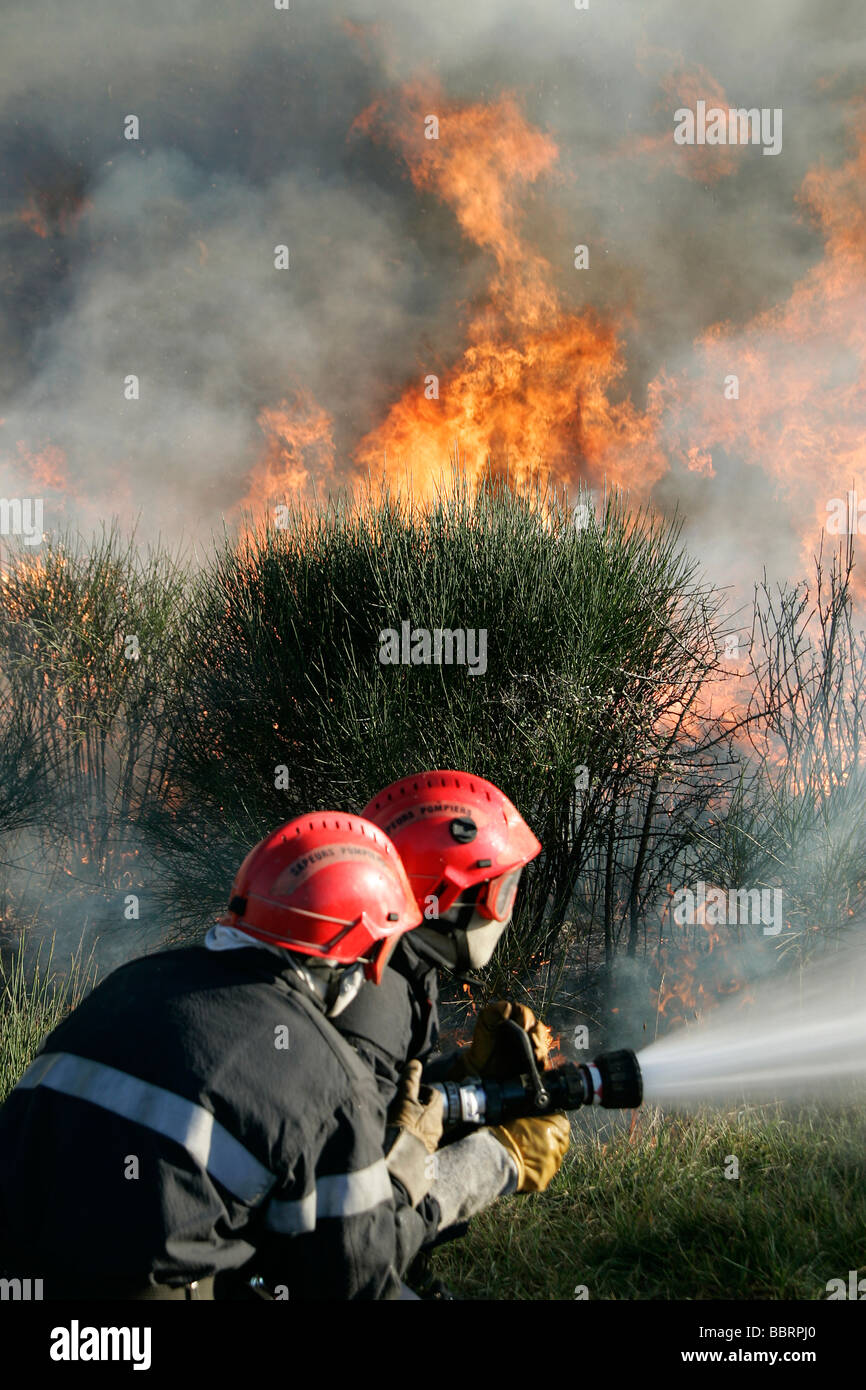 TWO-MAN FIREFIGHTER TEAM AT A SCRUB LAND FIRE, HERAULT (34), FRANCE Stock Photo