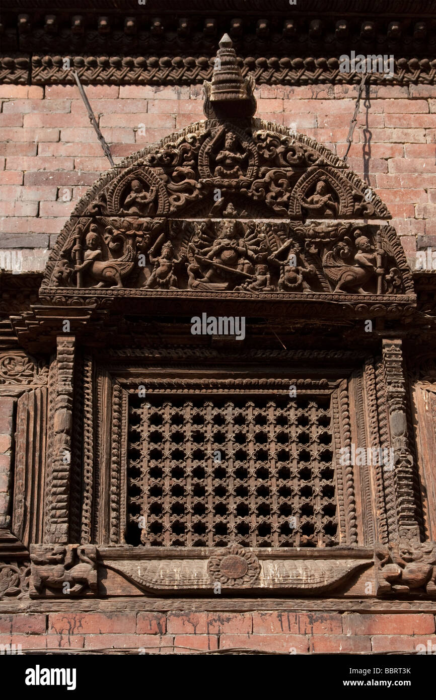 Kathmandu, Nepal. Wood Carving above a Window in the Kumari Bahal, House of the Kumari Devi, a