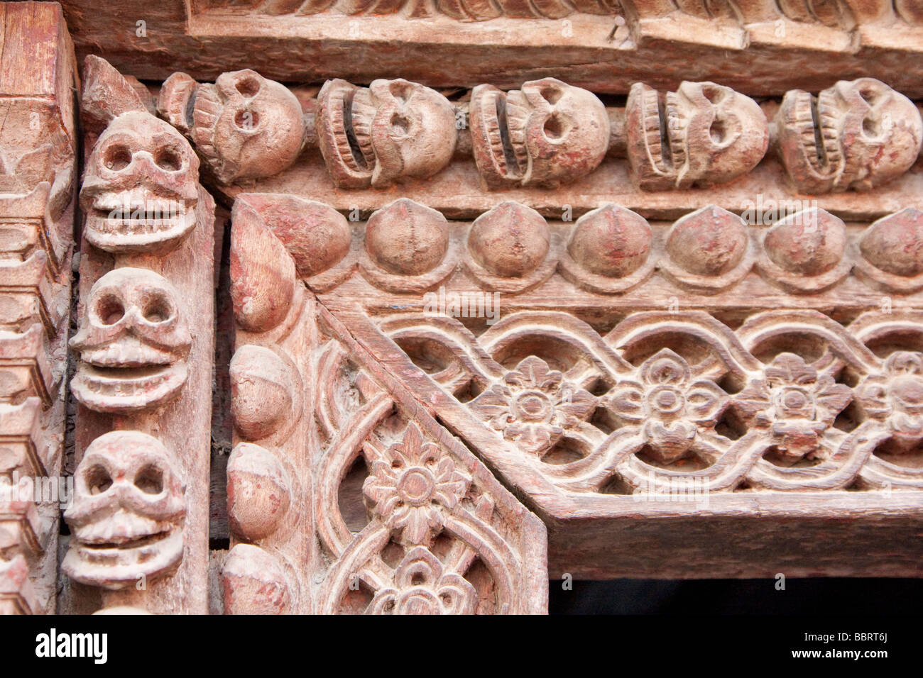 Kathmandu, Nepal.  Skulls in Carved Door Frame of the Kumari Bahal, house of the Kumari Devi, a Young Girl Revered as a Goddess. Stock Photo
