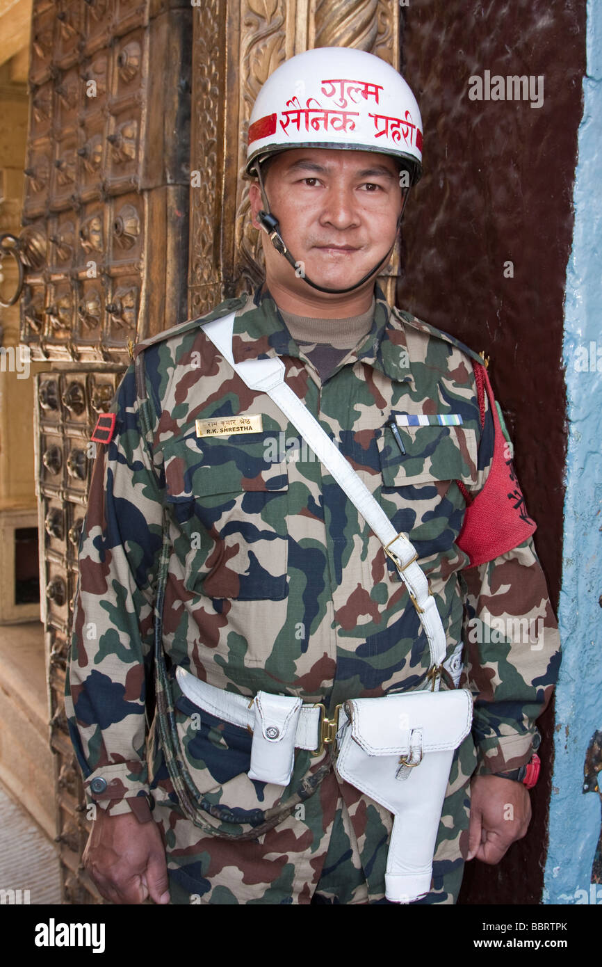Kathmandu, Nepal. Nepali Guard at the Entrance to the Hanuman Dhoka, a Former Royal Palace, Durbar Square. Stock Photo