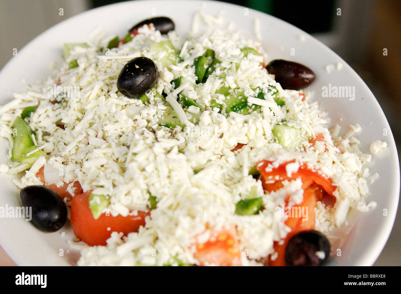 Greek Salad with feta with olives. Stock Photo