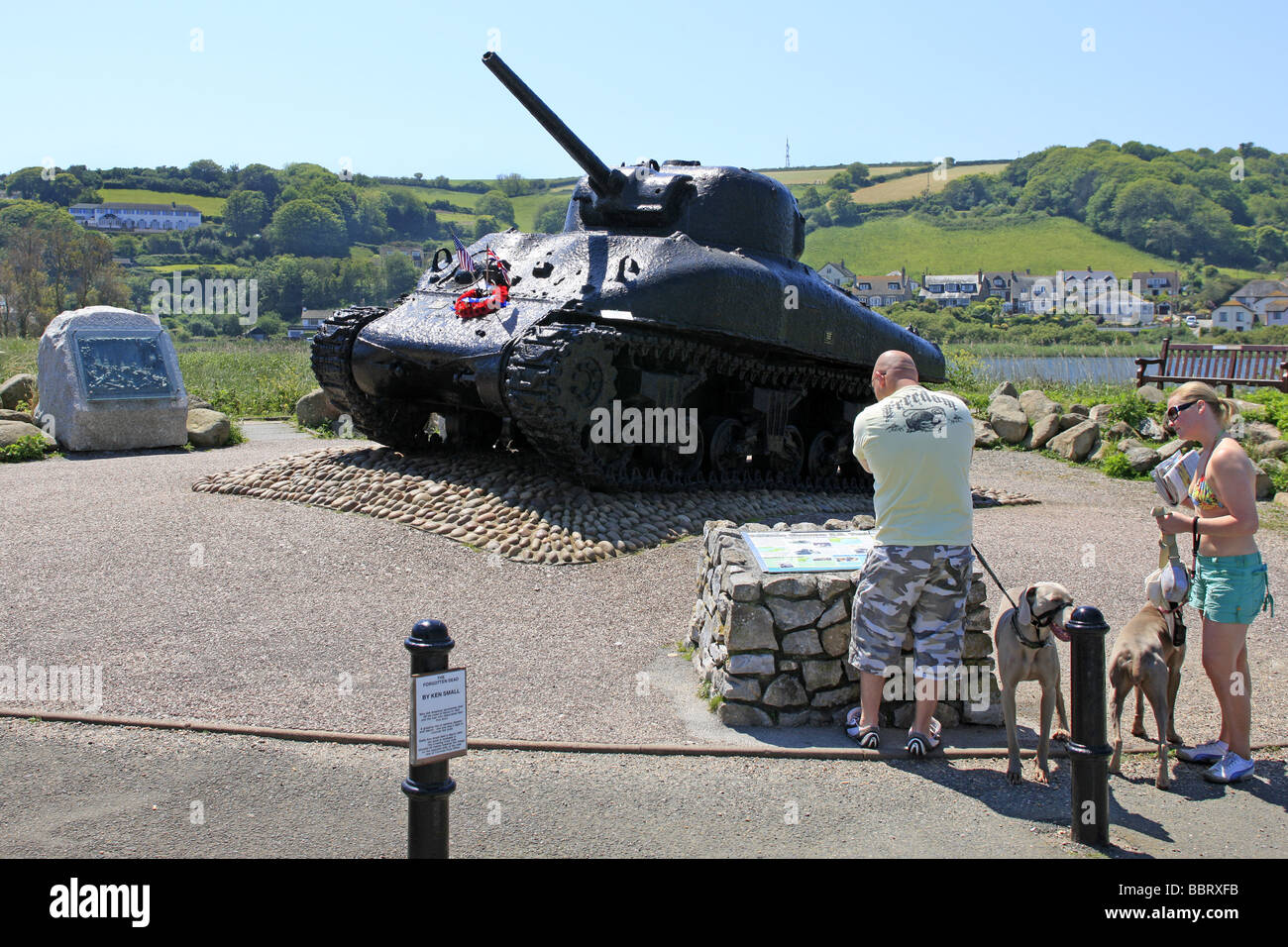 Sherman Tank at Slapton Sands Devon dredged out of the water and used as a ww2 memorial Stock Photo