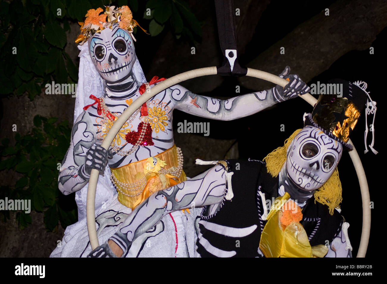 voodoo ghost skeleton scary street theatre costume night Medway Fuse Festival Rochester castle Kent England UK Europe Stock Photo