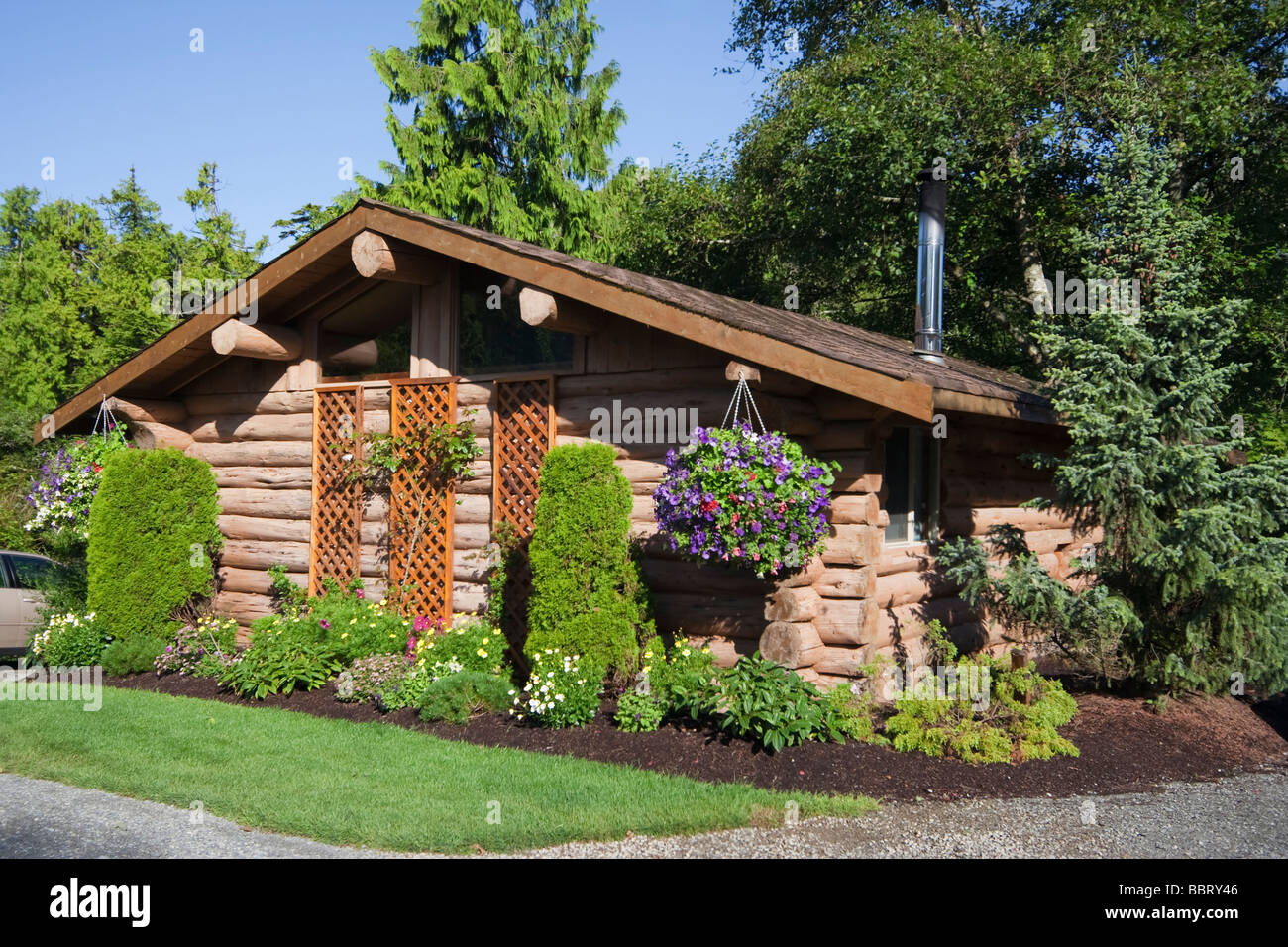 Log Cabin With Hanging Basket Vancouver Island British Columbia