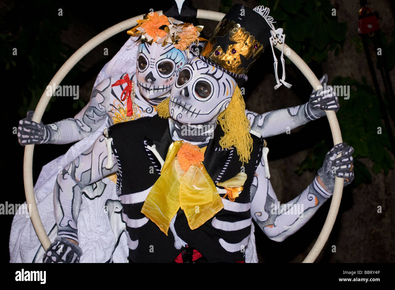voodoo ghost skeleton scary street theatre costume night Medway Fuse Festival Rochester castle Kent England UK Europe Stock Photo