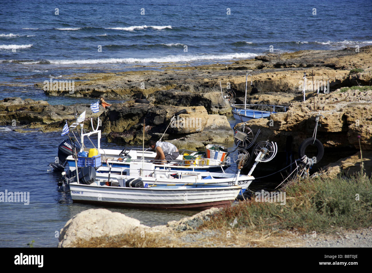Greek Cypriot fishing boats moored in a small bay near Paphos, Cyprus