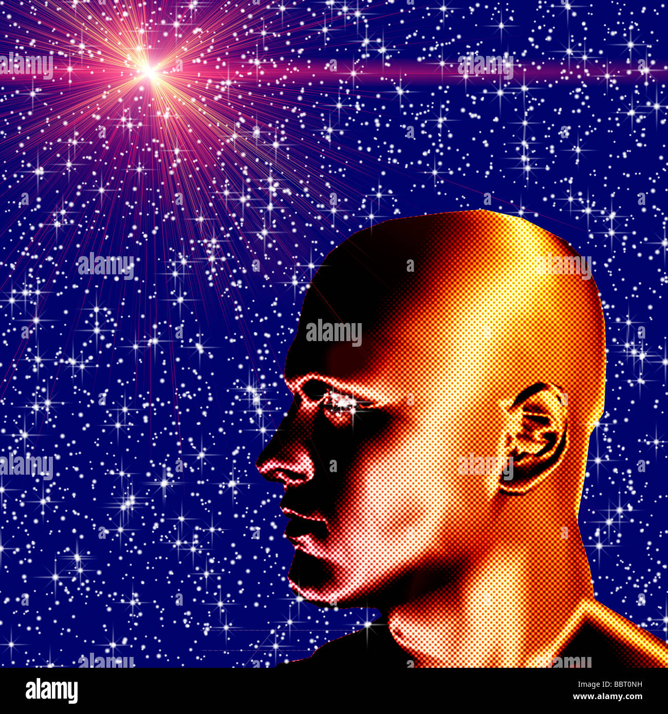 futuristic 3D computer generated bionic male robot head and starry ...