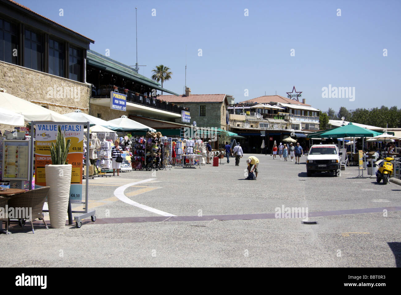 Shops on the edge of Paphos Harbour, Cyprus Stock Photo Alamy