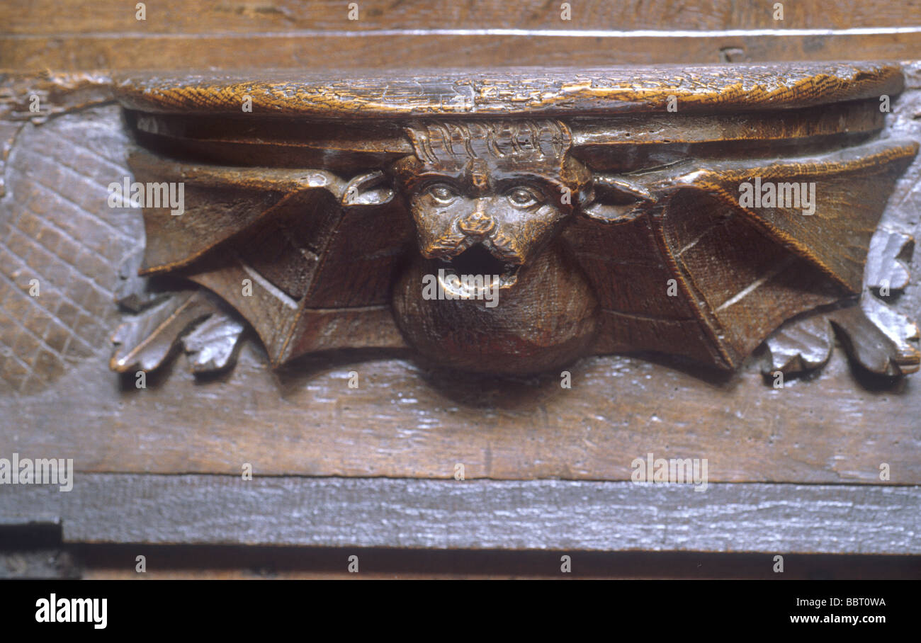 Medieval Misericord Bat Christchurch Priory Hampshire England UK woodwork woodcarving figure Stock Photo