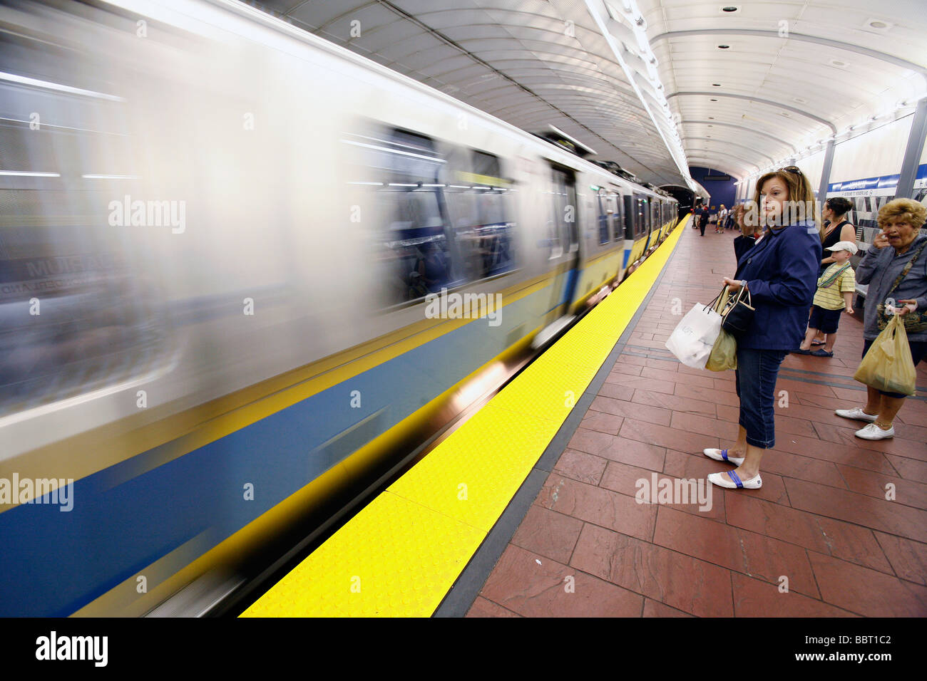 A train arrives, Aquarium subway station, Boston Stock Photo Alamy