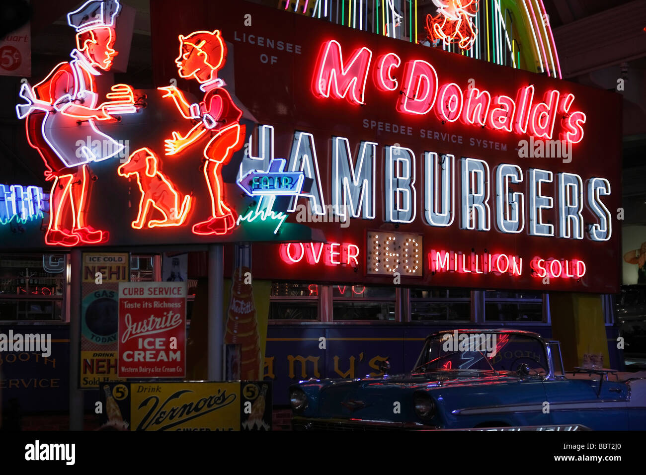 Historic McDonald neon restaurant sign from below nobody USA  Mcdonalds fast food restaurant hi-res Stock Photo