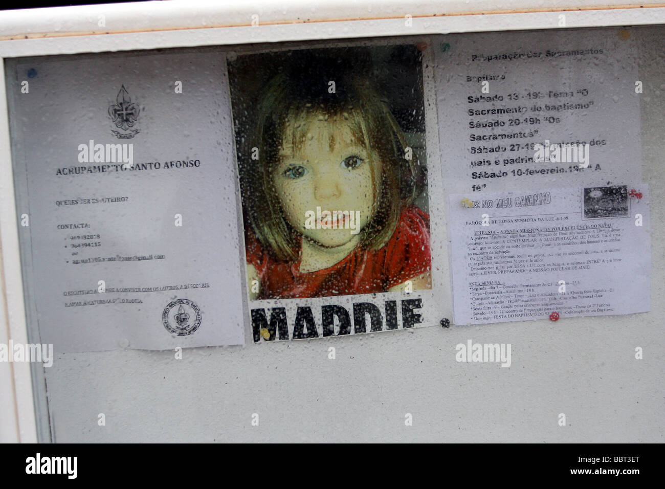 poster of 'maddie' madeleine McCann on the noticeboard of the church of Pria de Luz.  Madeleine went missing in May 2007 Stock Photo