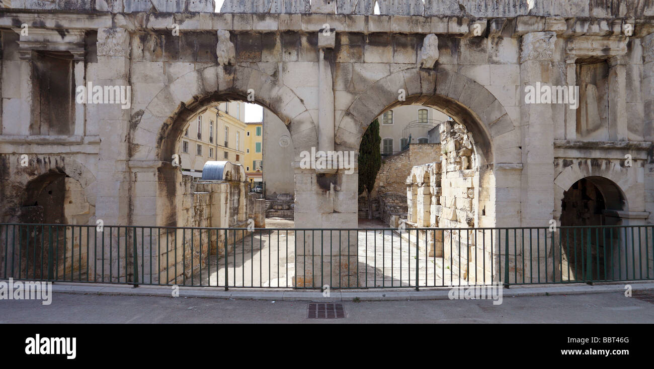 Ancient roman city gate Nimes Porta Augusta Languedoc-Rousillon France Stock Photo