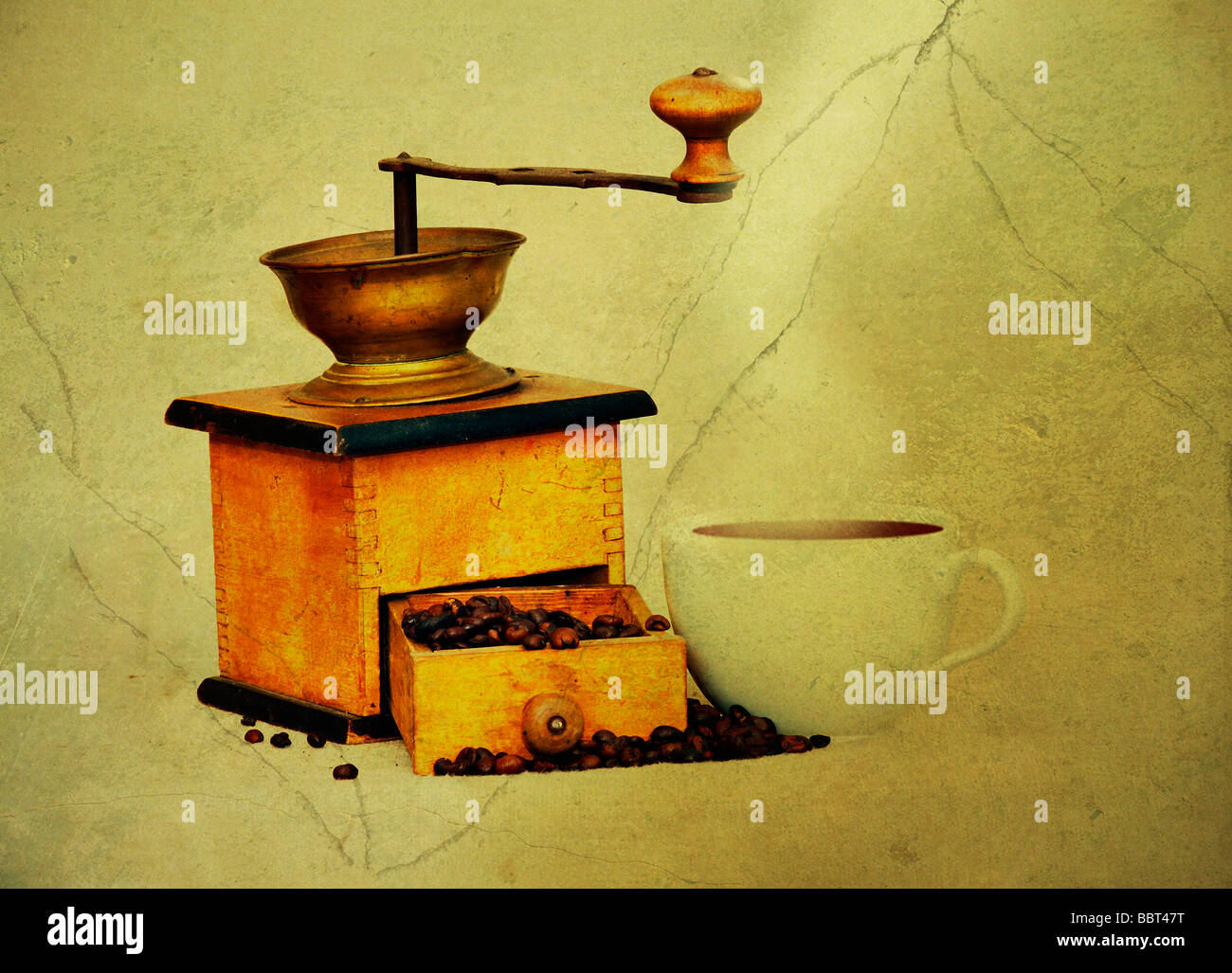 Antique coffee grinder with coffee beans an cup of hot black coffee in grunge style Stock Photo
