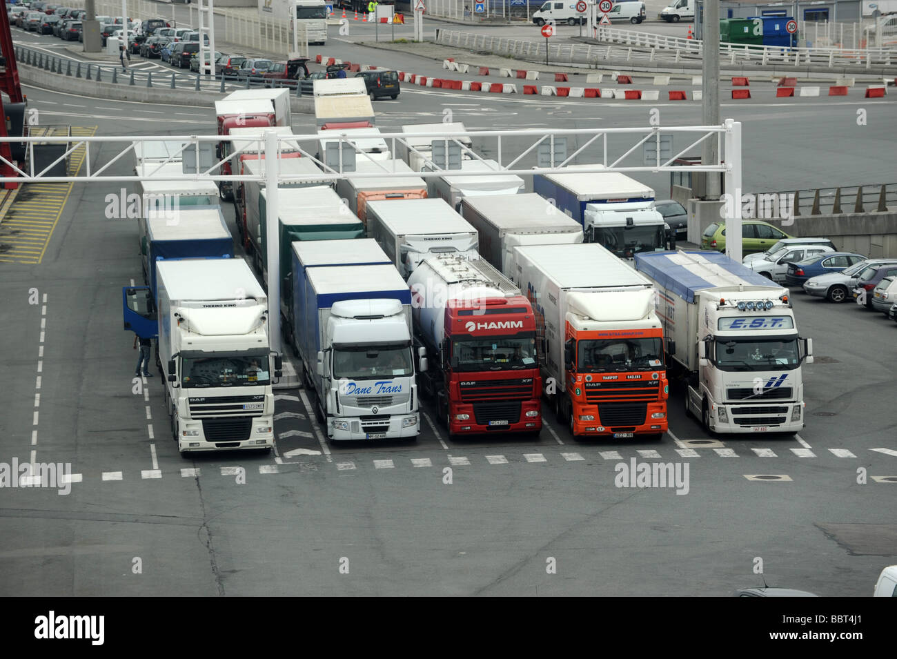 Lorries queueing for the ferry at Calais France Stock Photo