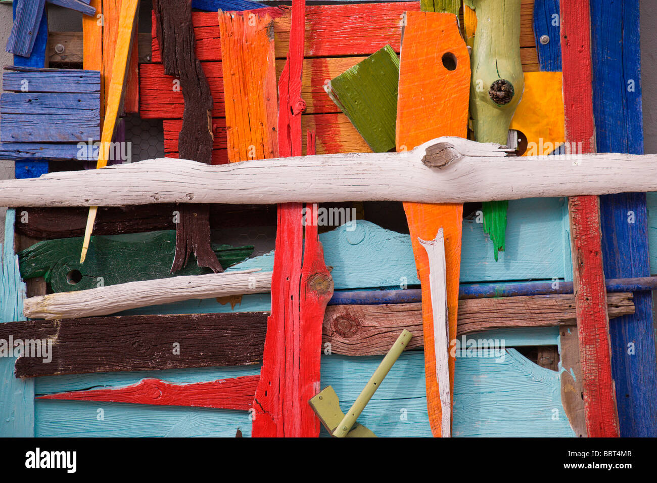 Colorful three dimensional art on an outside wall, in Carrizozo, New Mexico. Stock Photo