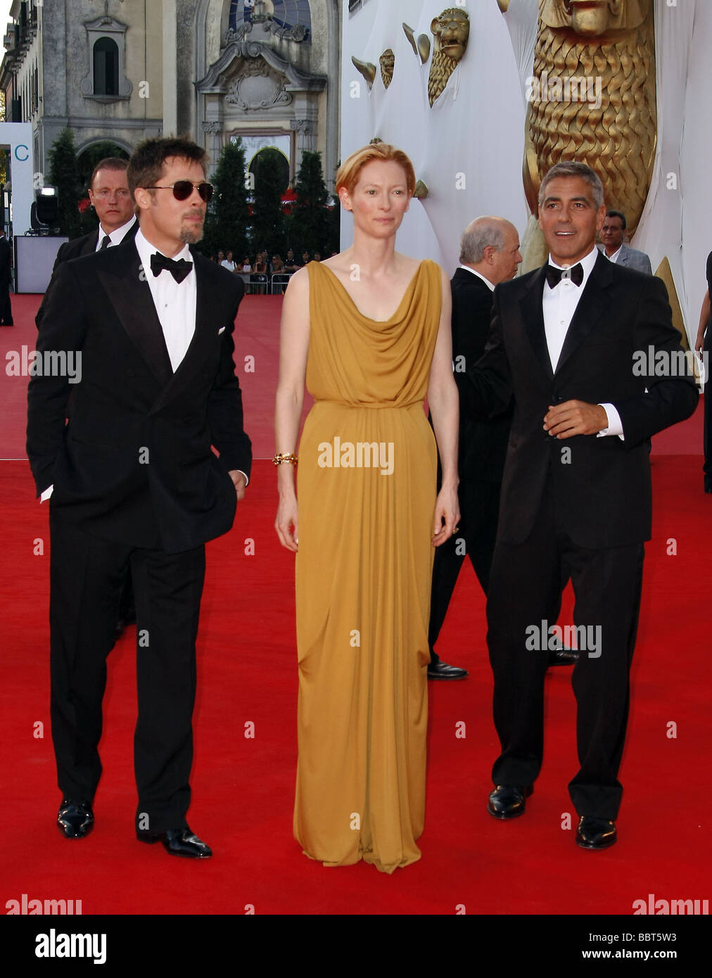 BRAD PITT TILDA SWINTON & GEORGE CLOONEY BURN AFTER READING PREMIERE. 65TH VENICE FILM FESTIVAL LIDO VENICE ITALY 27 August Stock Photo