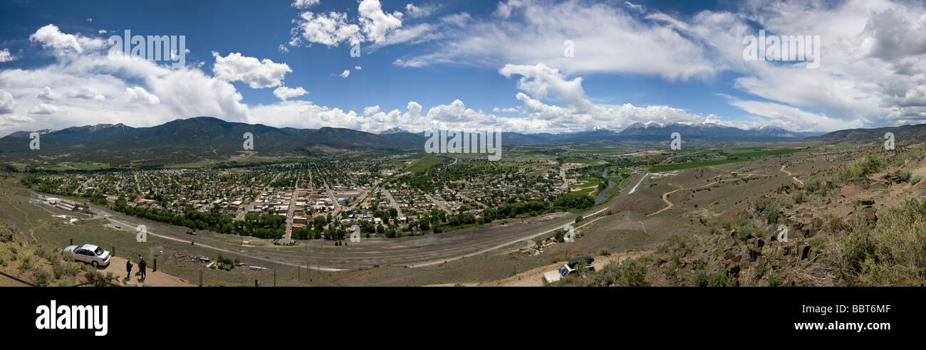 Panorama view of the small town of Salida Arkansas River Valley Chaffee County Colorado USA Taken from the top of Tenderfoot Mnt Stock Photo