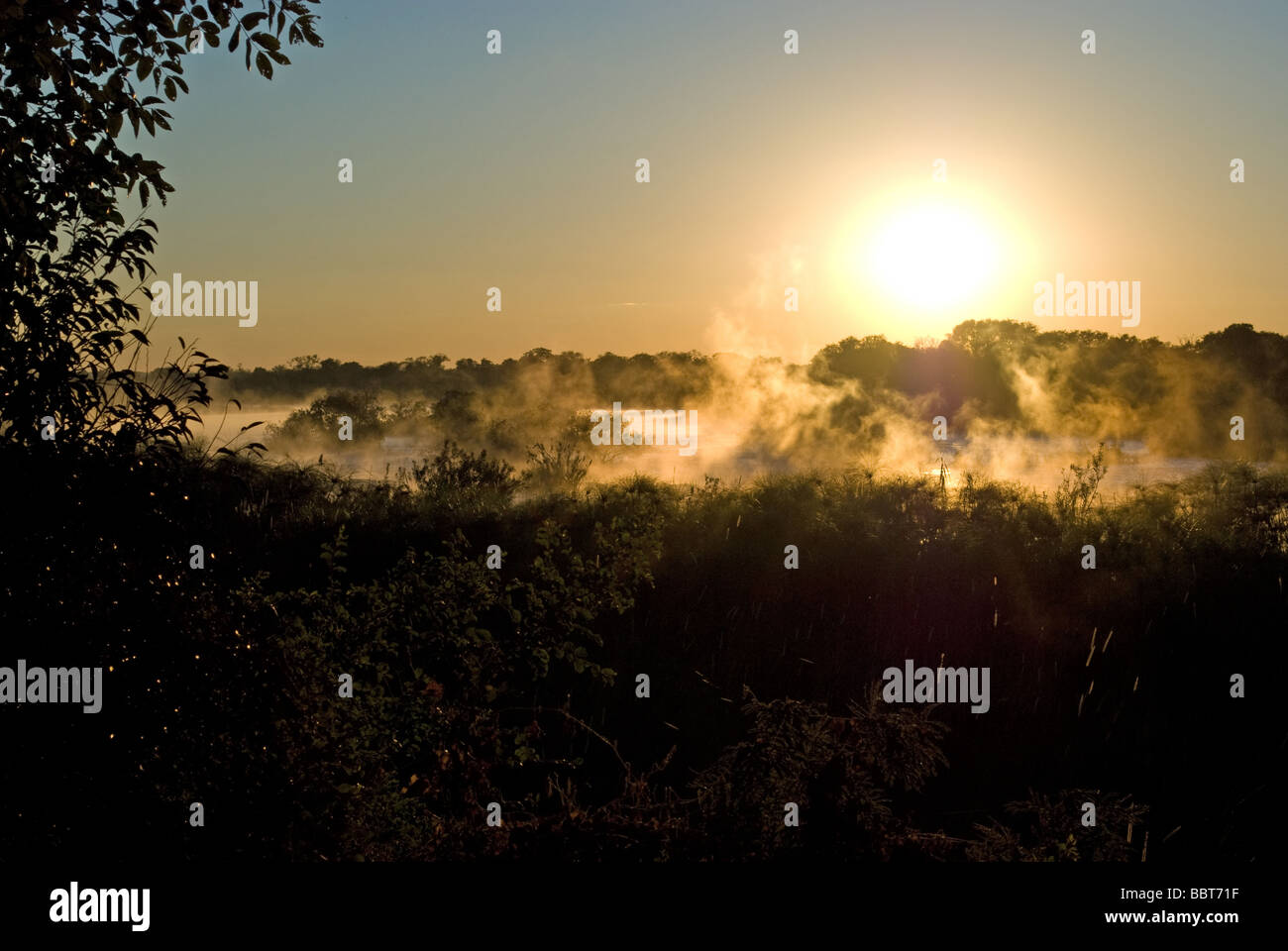 Sunrise at Popa Falls on the Kavango River in the eastern Caprivi, Namibia. Stock Photo