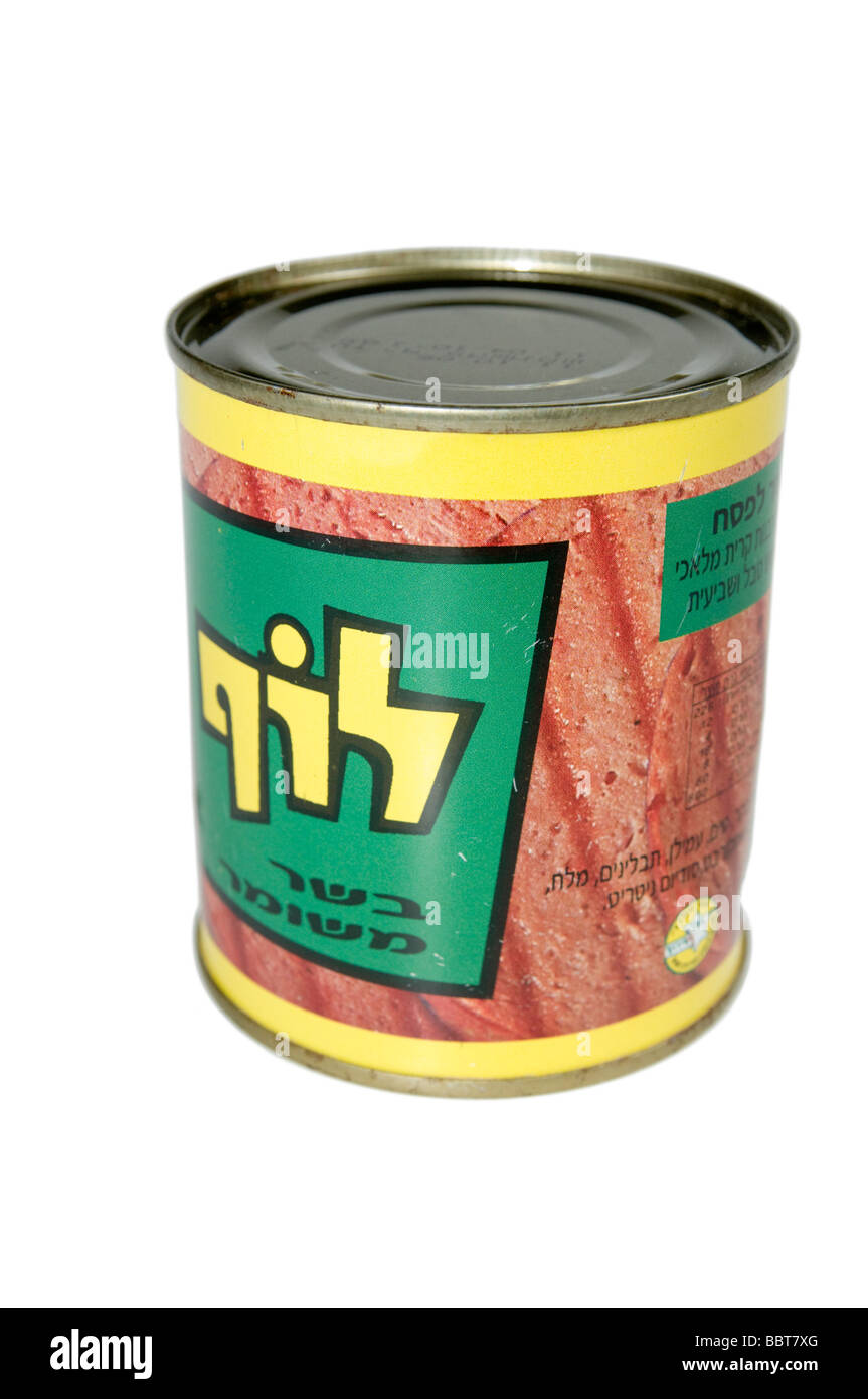 Cutout of a tin of Luf Israeli Kosher SPAM on white background Stock