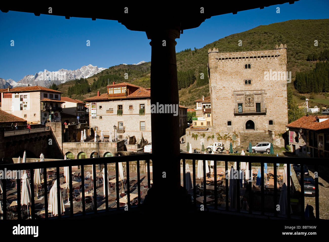 Tower of El Infantado and the Village of Potes in the Shire of Liebana Picos de Europa Cantabria Spain Stock Photo