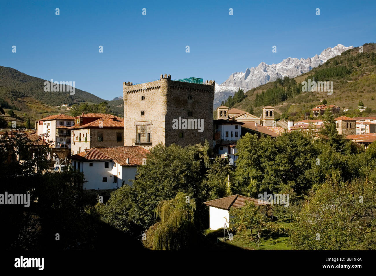 Tower of El Infantado and the Village of Potes in the Shire of Liebana Picos de Europa Cantabria Spain Stock Photo