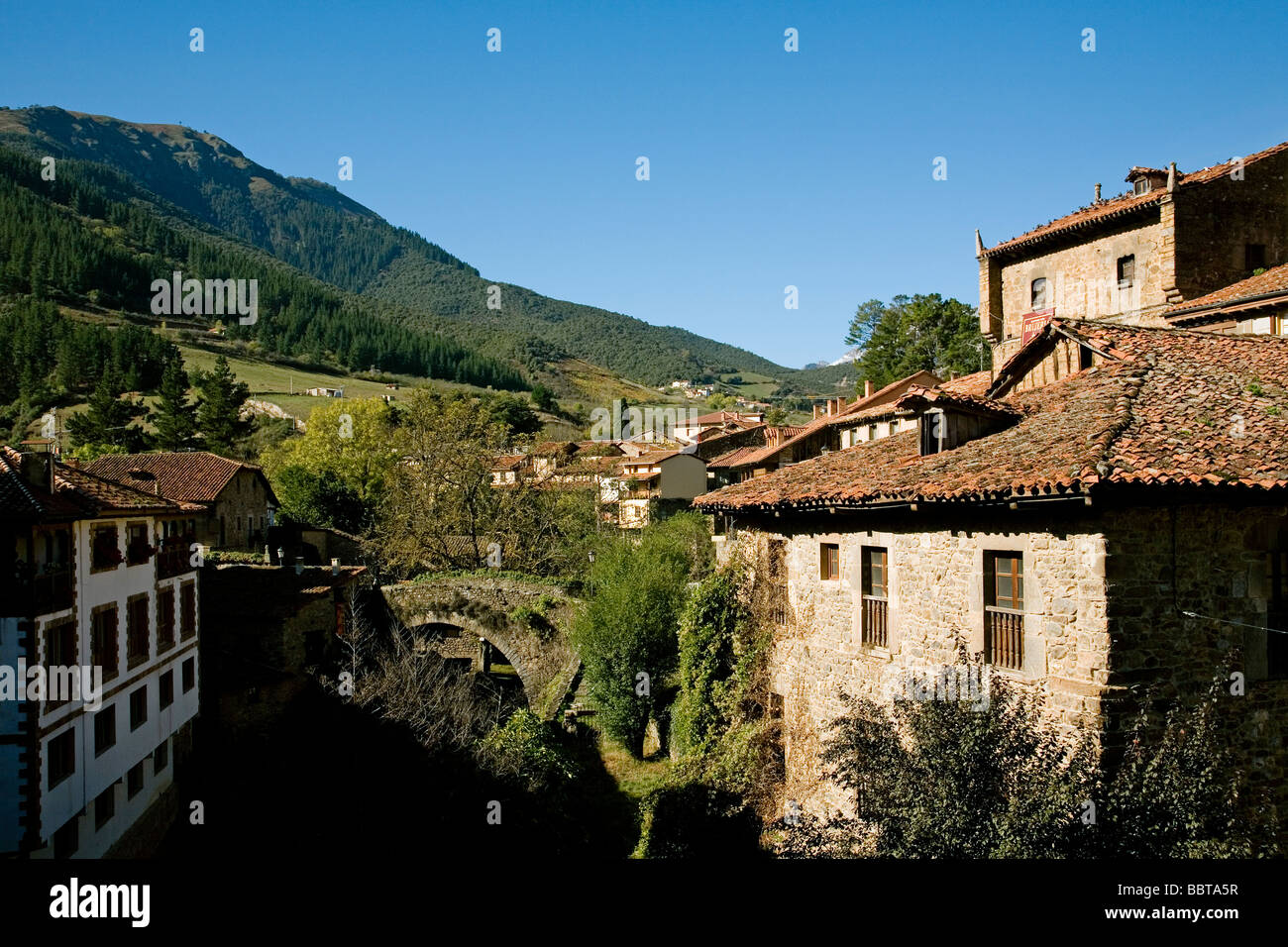 The Village of Potes in the Shire of Liebana Picos de Europa Cantabria Spain Stock Photo