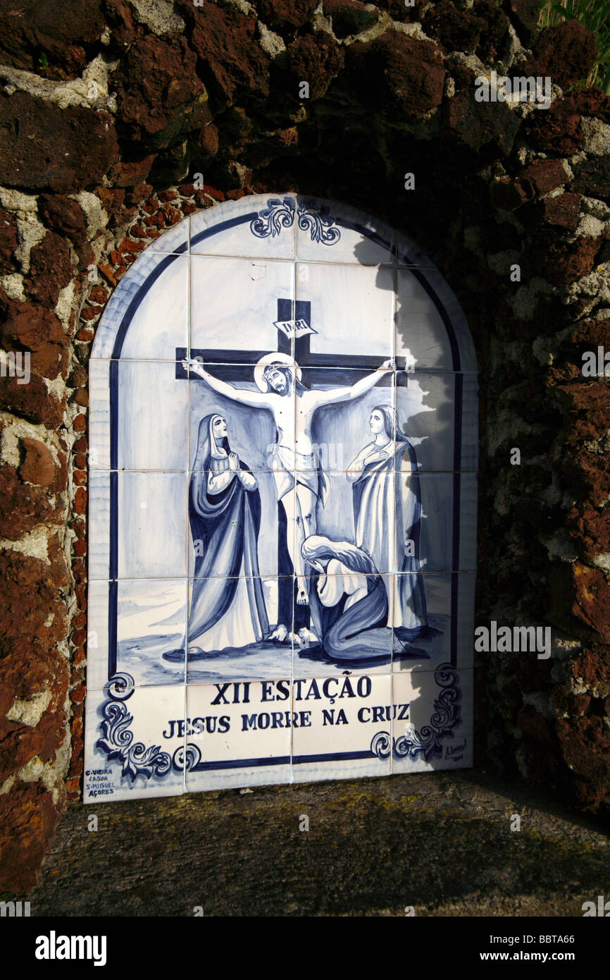 Azulejo with Via Crucis, Ribeira Cha, Sao Miguel Island, Azores, Portugal, Europe Stock Photo
