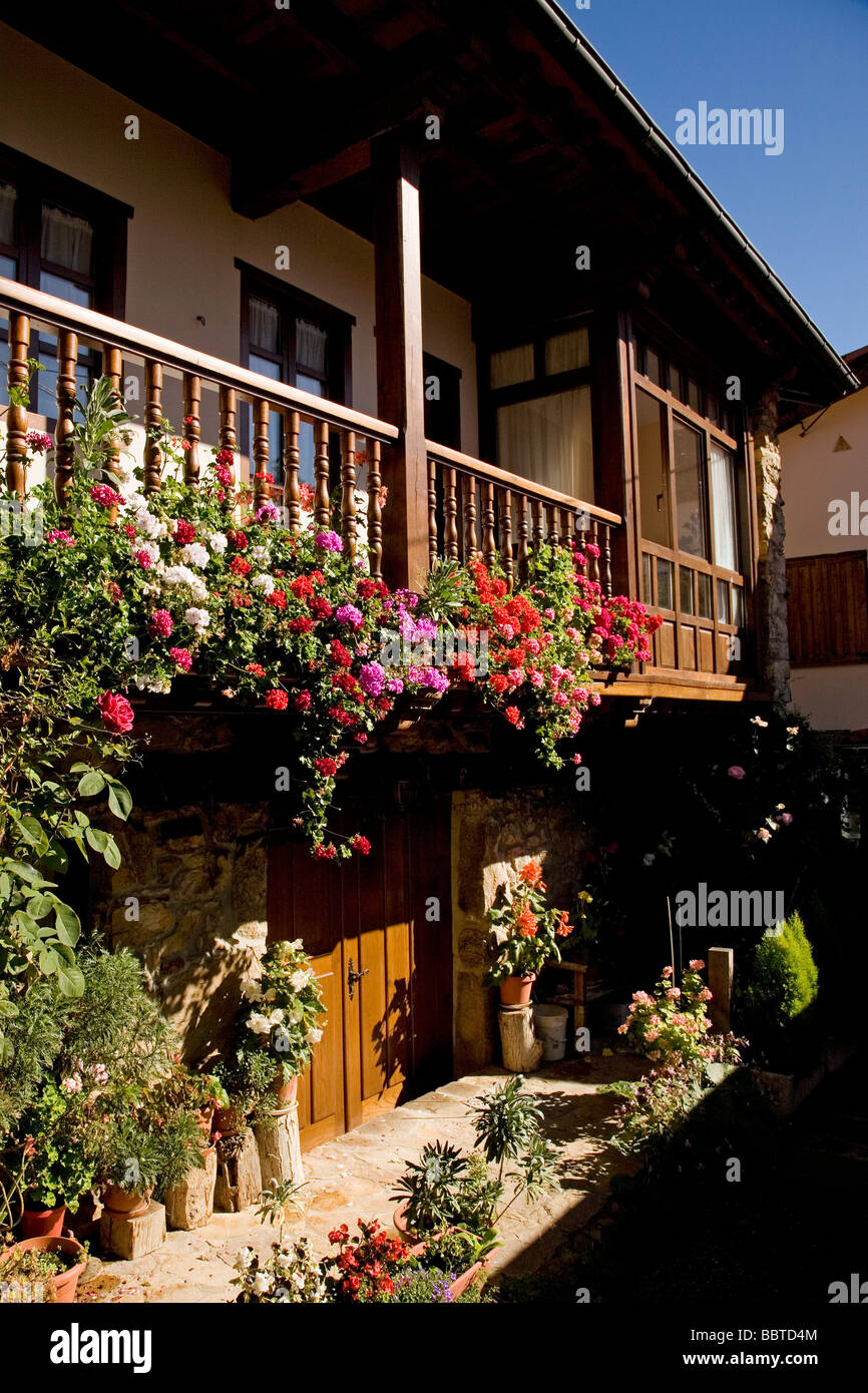 Balcony with a Flowers of a Rural House in the Village of Mogrovejo Shire of Liebana Picos de Europa Cantabria Spain Stock Photo