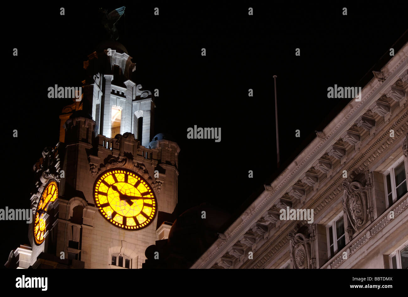 Royal Liver Building at night closeup of Liver building clock and