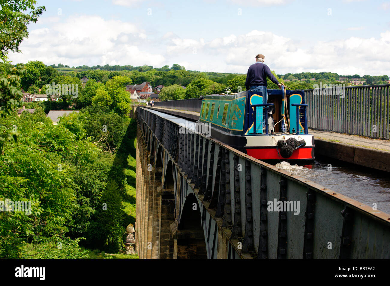 Barge travelling over Pontcysyllte Aqueduct on the Llangollen Canal Stock Photo