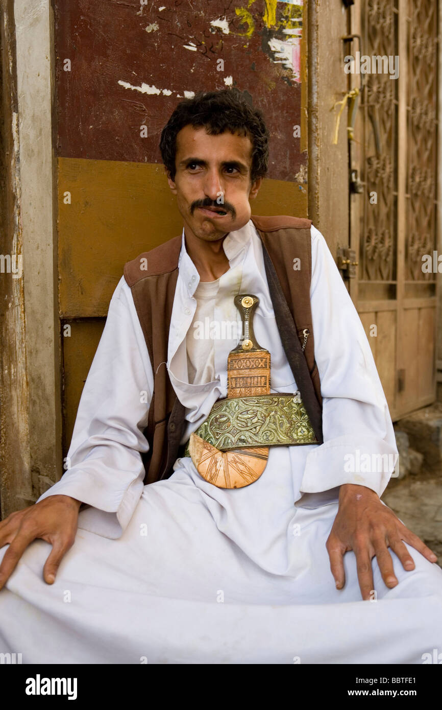 Man chewing qat, a typical yemeni drug, Sana'a, Yemen, Middle East Stock Photo