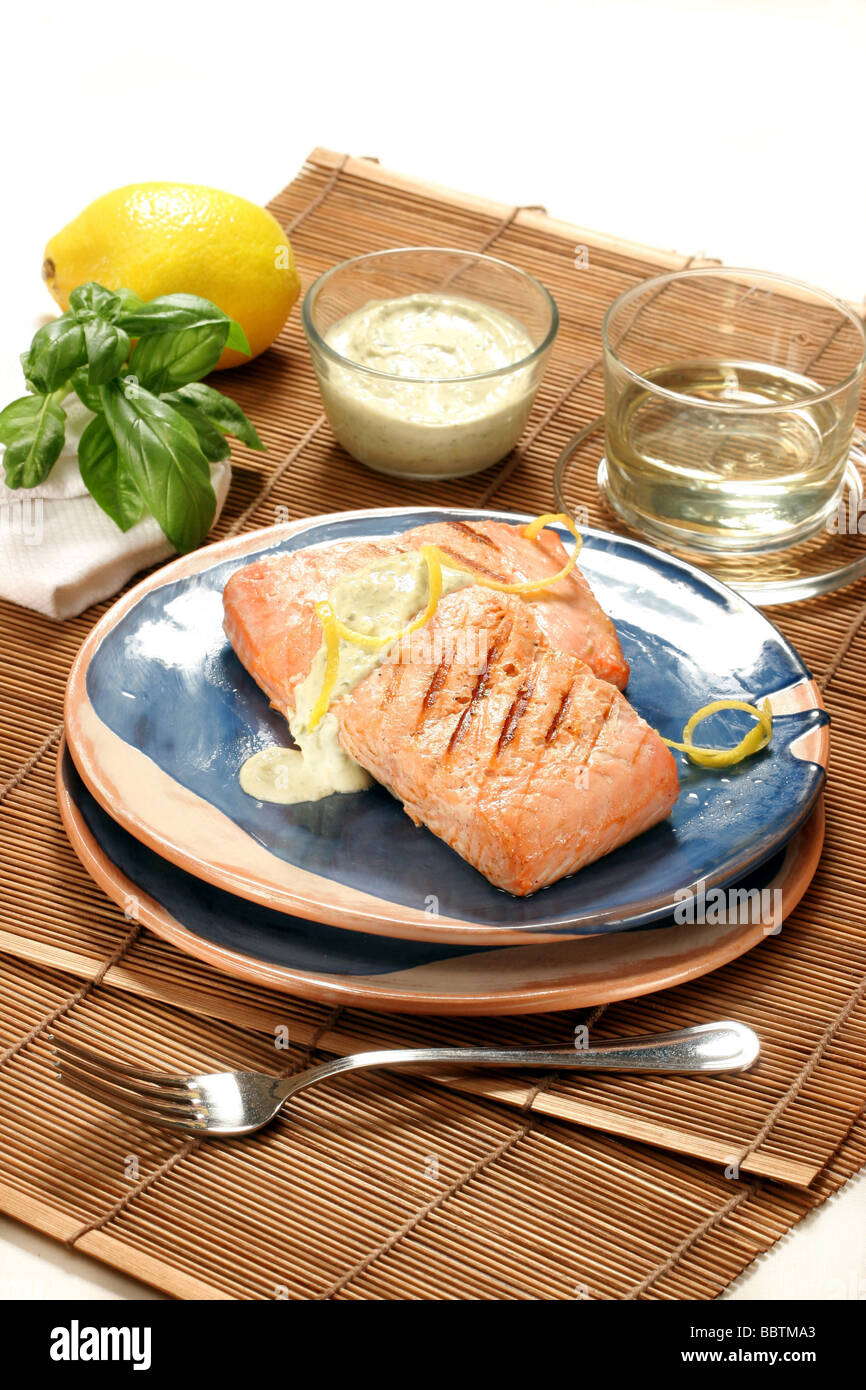 Grilled salmon with basil cream, Italy Stock Photo - Alamy