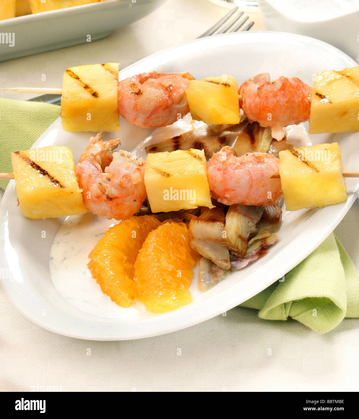 Skewers with prawn and pineapple, Italy Stock Photo Alamy