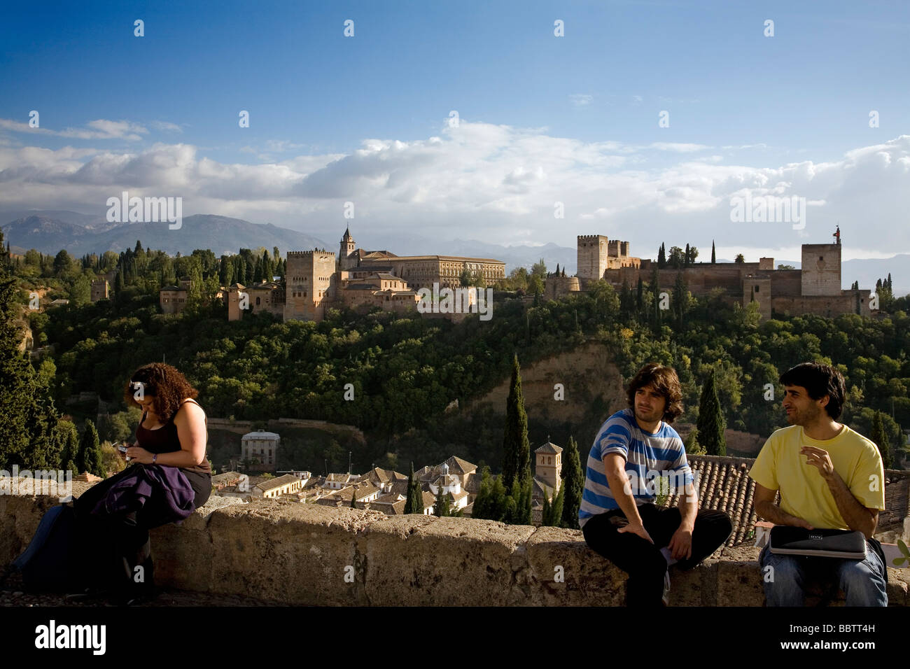 Panoramic of the Alhambra from the Mirador de San Nicolas Granada Andalusia Spain Stock Photo