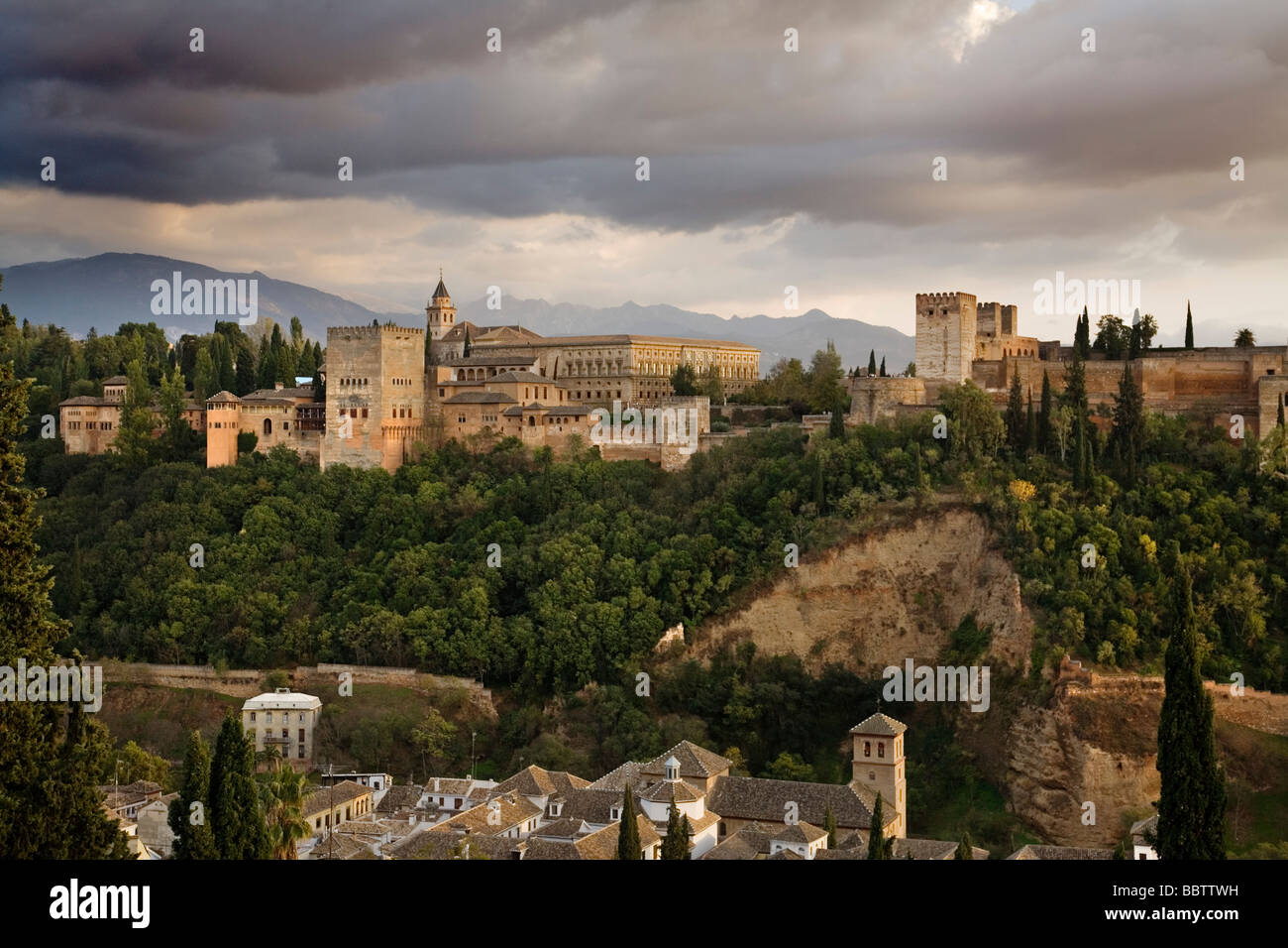 Panoramic of the Alhambra from the Mirador de San Nicolas Granada Andalusia Spain Stock Photo