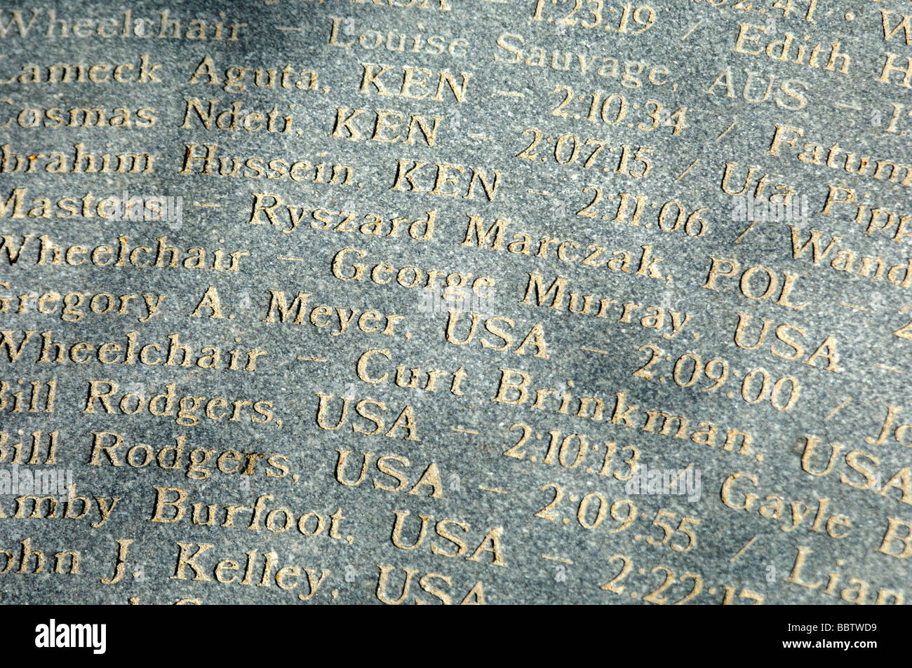 Granite slab on Copley Square showing the engraved names all winners of the Boston Marathon, Boston, USA Stock Photo