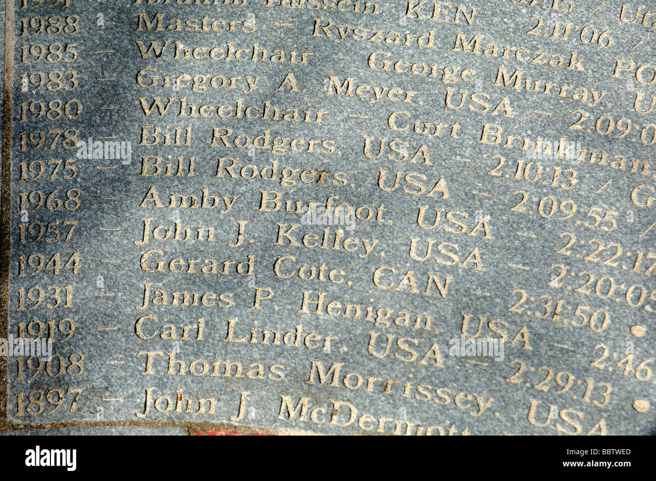 Granite slab on Copley Square showing the engraved names all winners of the Boston Marathon, Boston, USA Stock Photo