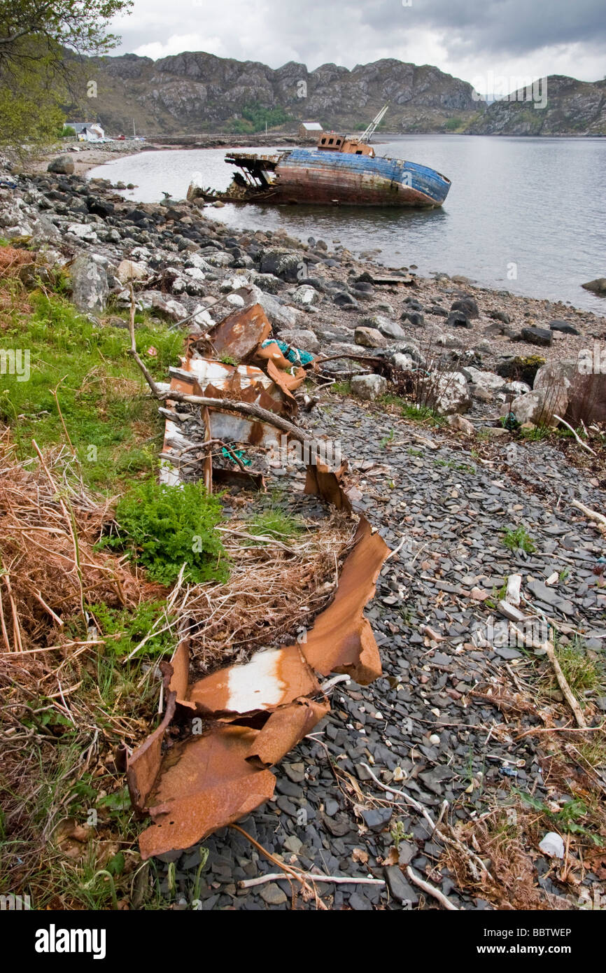 Part of the bow of the Dayspring washed up on the beach at Diabaig, Torridon Stock Photo