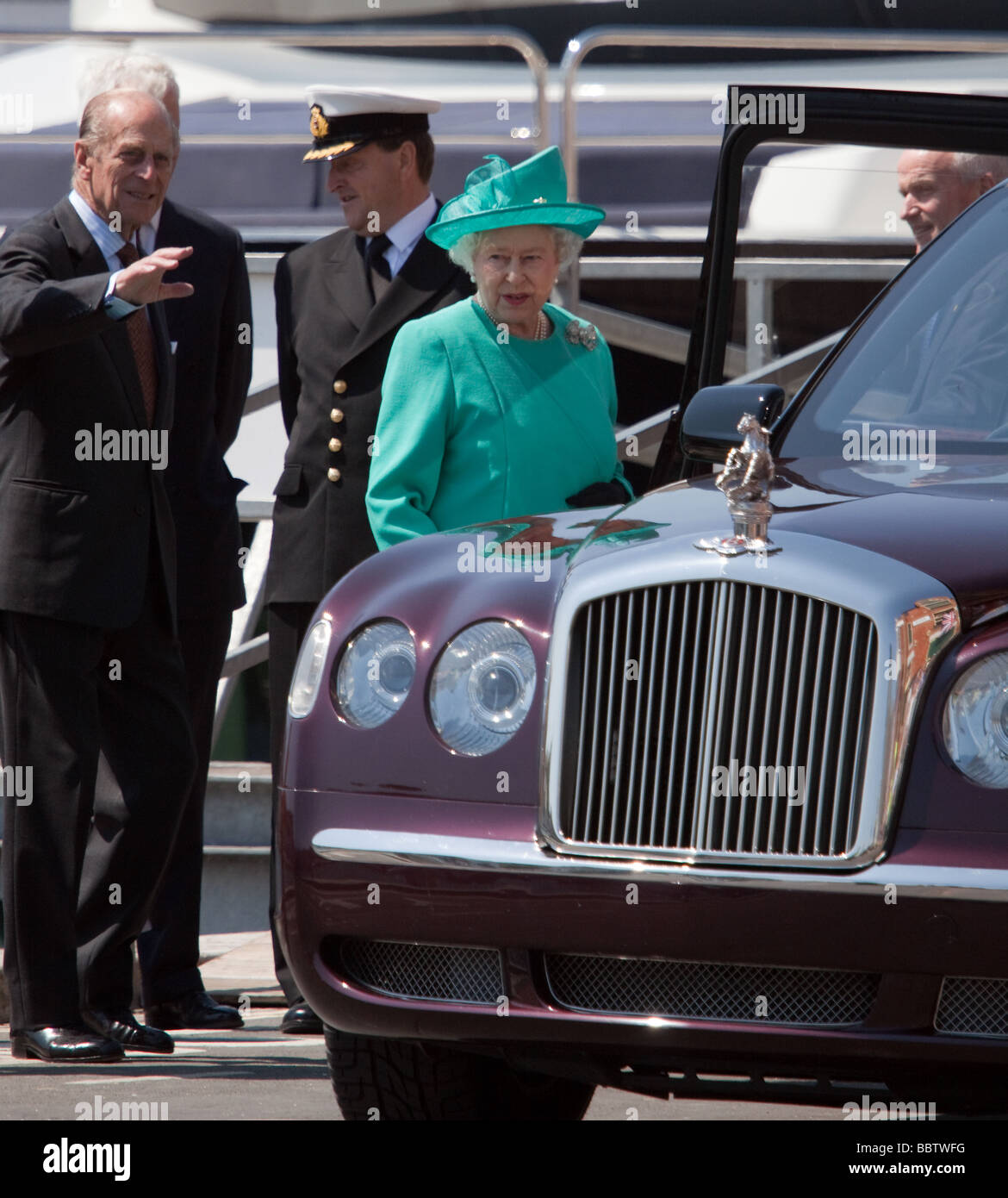 Queen Elizabeth II enters the Royal Car a mauve bomb proof Bentley without a number plate in Weymouth June 11th 2009 Stock Photo