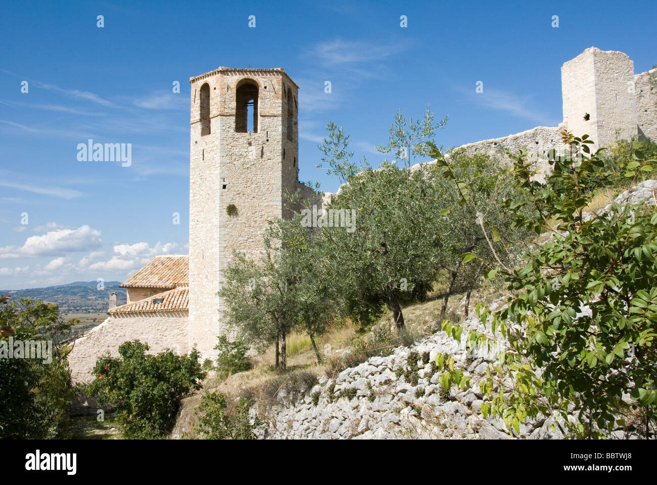 belltower of the all but abandoned town of Pissignano near Trevi, Umbria, in the foreground a wild fig tree Stock Photo