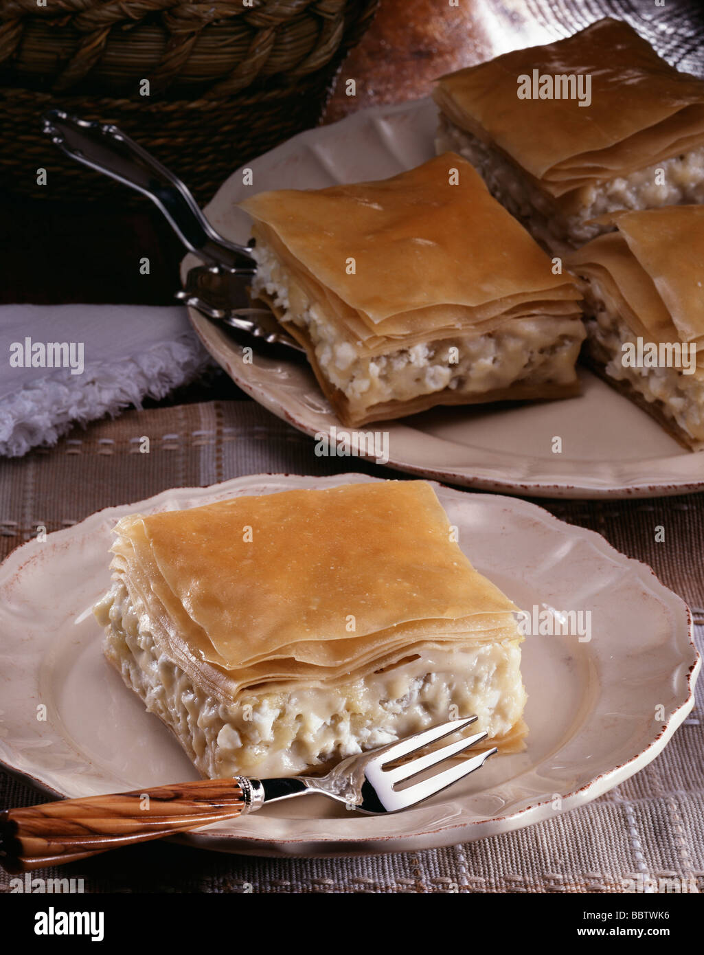 Traditional Greek cheese pie. Stock Photo