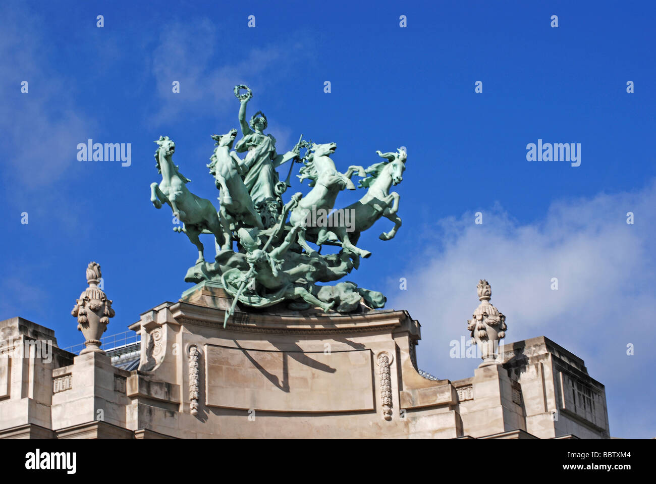 The Grand Palais Recipon's bronze statue of flying horses and chariot, Paris Stock Photo