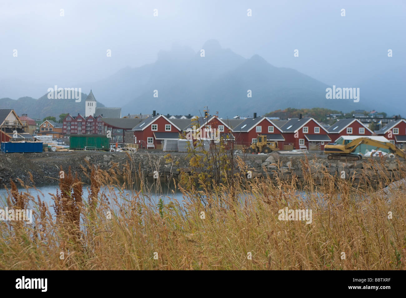 Line of red houses on grassy coast lake Stock Photo