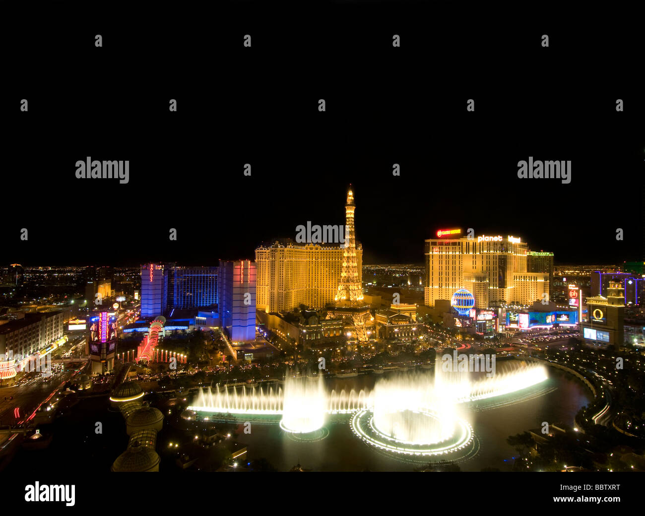 The Bellagio Hotel and casino fountains from above overlooking the Las Vegas strip Stock Photo