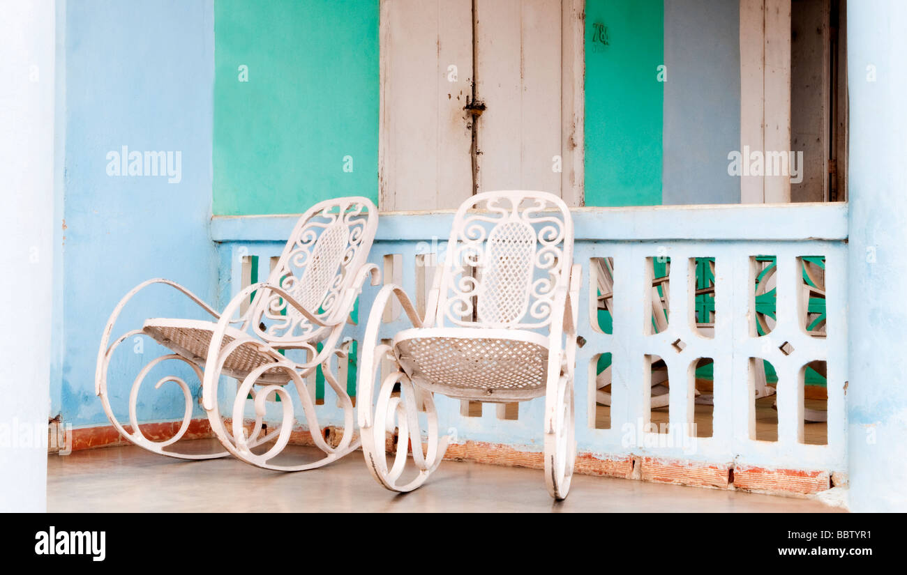 Traditional rocking chairs on a terrace in Vinales, Cuba, Caribbean Stock Photo